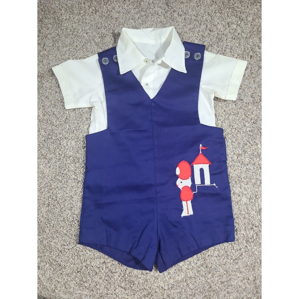 Vintage Toddler Boys 2T Jon Jon Shortall‎ & Shirt 70's Navy Blue
